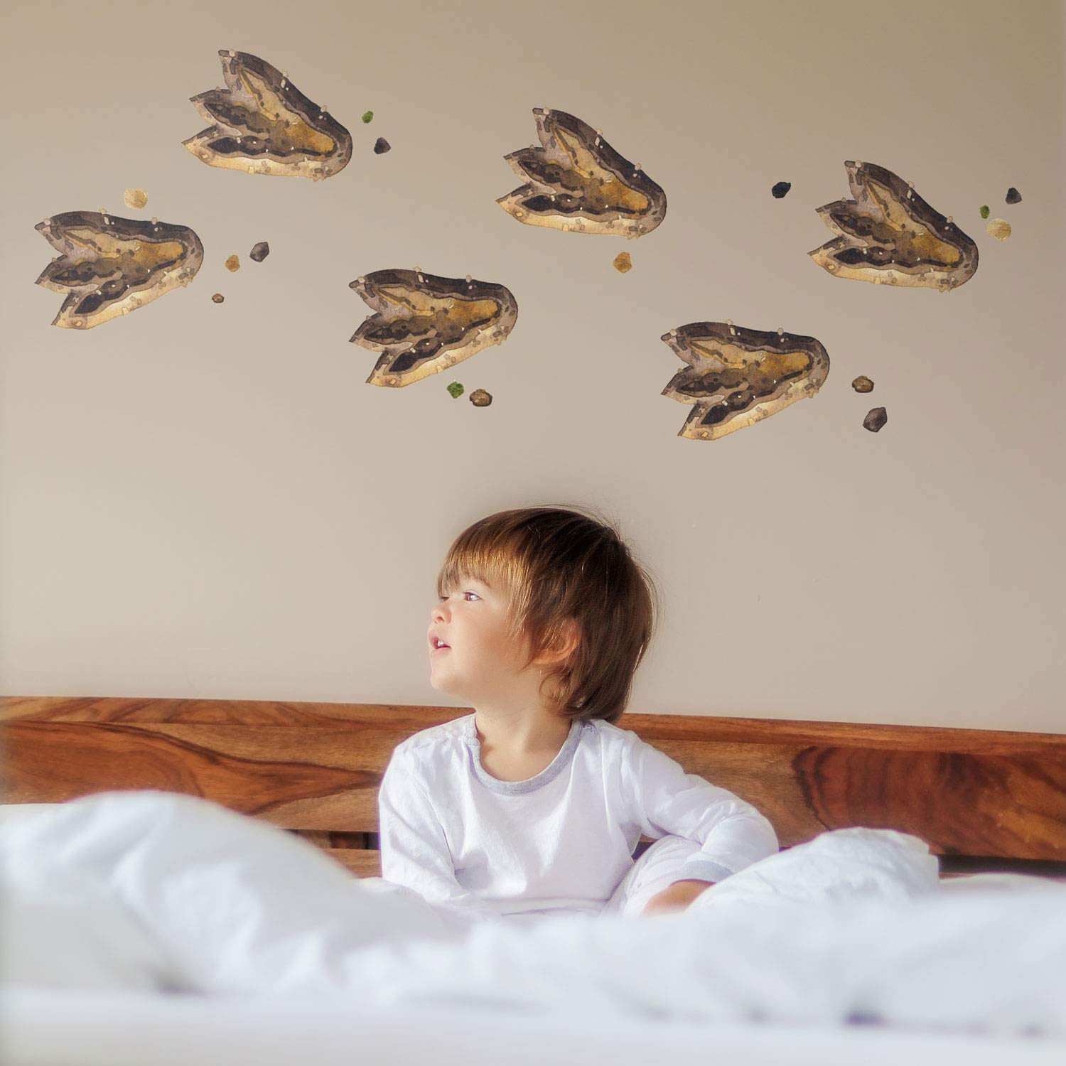Dinosaur Footprint Wall Stickers – 12 Brown Watercolour Dino Prints for Kids’ Bedroom, Nursery or Playroom – Easy to Apply & Remove