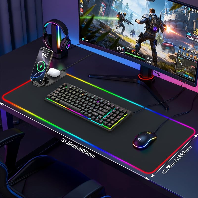 Tapete de rato gaming RGB de 15 W, Qi, LED, 800 x 350 x 4 mm, 10 modos de iluminação com carregamento rápido de 10 W, carregamento sem fios Qi para telemóvel I-Phone 13/13 Pro, auscultadores