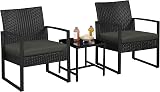 Yaheetech 3-Piece Rattan Garden Furniture Set with Cushions, Black/Gray