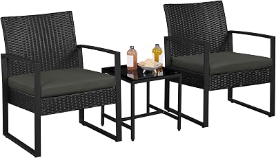 Yaheetech 3-Piece Rattan Garden Furniture Set with Cushions, Black/Gray