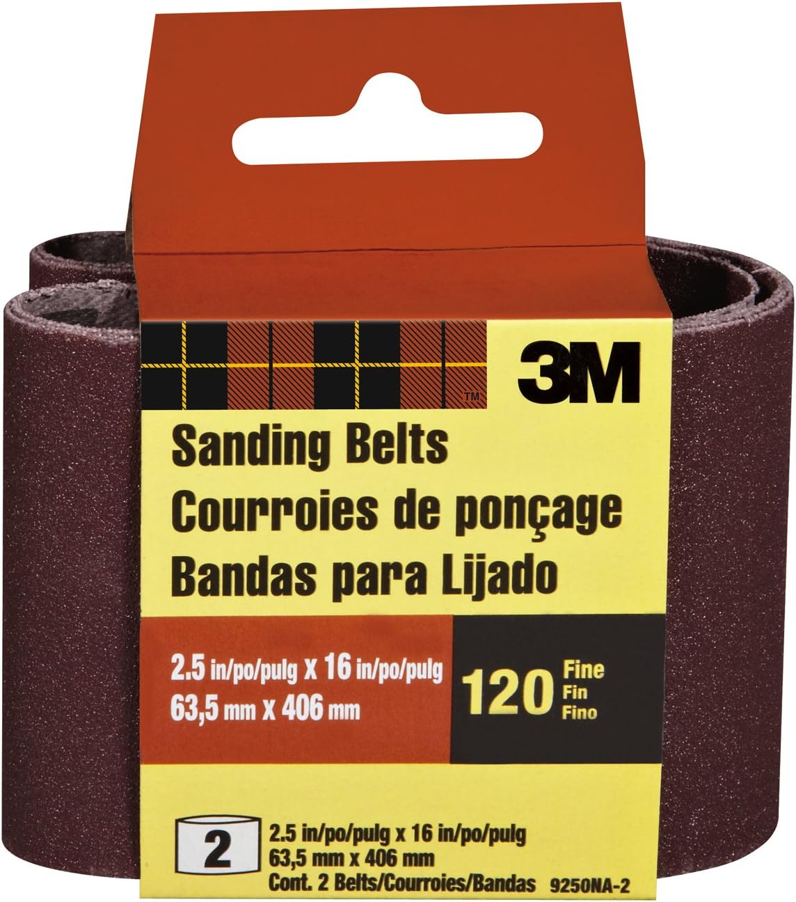 3M 9250NA-2 Heavy Duty Power Sanding Belts, 2.5-Inch by 16-Inch, Fine Grit, 2-pack