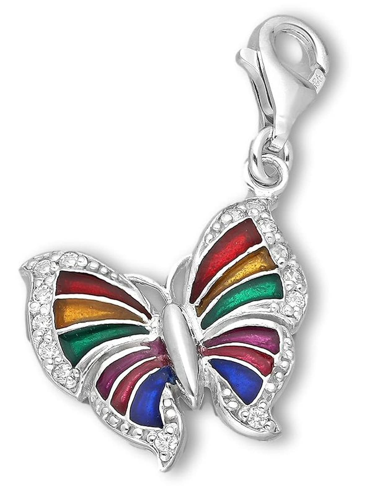 RAINBOW BUTTERFLY Multi-Coloured Wings & CZ Simulated Diamonds Sterling Silver Clip On Charm Pendant with Lobster Clasp for Women - Compatible with Thomas Sabo Charms Bracelet - Women's Clasp Charms