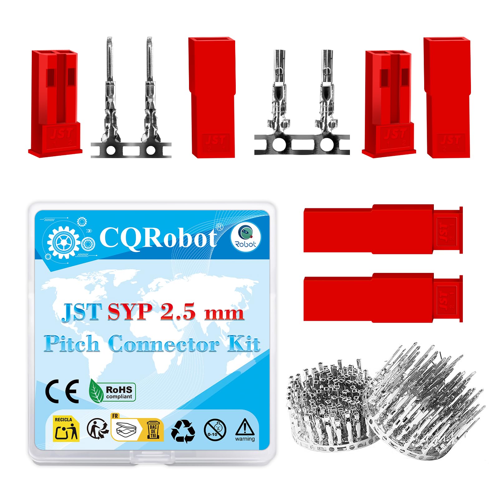 CQRobot JST SYP 2.5 mm Pitch 2-Pin Electronic Connector IC Male Plugs, Female Sockets Housing and Male/Female T-Shaped Crimp Terminal Kit. 50 Sets/300 Pieces Wire-Wire Adapter Cable Assembly.