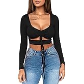 Mizoci Women's Sexy Ruched Tie Up Crop Top Basic Long Sleeve Cut Out T Shirt