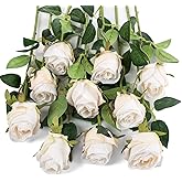Flojery 10pcs Artificial Rose Flowers Long Stem Fake Silk Roses for DIY Wedding Bouquet Table Centerpiece Home Decor (White)