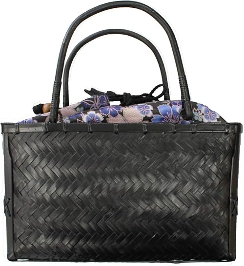 Amazon Co Jp 黒地 青紫 花柄 黒 籠バッグ 夏 バッグ ゆかた 巾着 巾着一体型 Shoes Bags