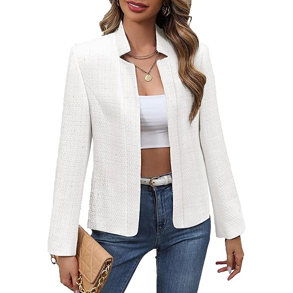 2025 Women's Tweed Herringbone Blazer Open Front Stand