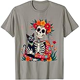 Skeleton and Cat Sugar Skull Dia De Los Muertos Day of Dead T-Shirt