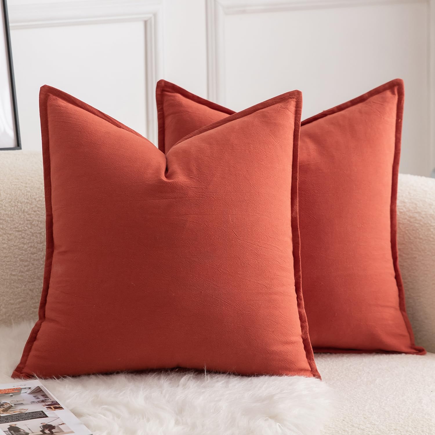 Mandioo Pack of 2 Neutral cotton Cushion Covers 45x45 cm 18x18 inch Solid Decorative Couch Throw Pillowcase Boho Farmhouse Home Decor for Sofa Living Room Bed Bedroom Burnt Brick