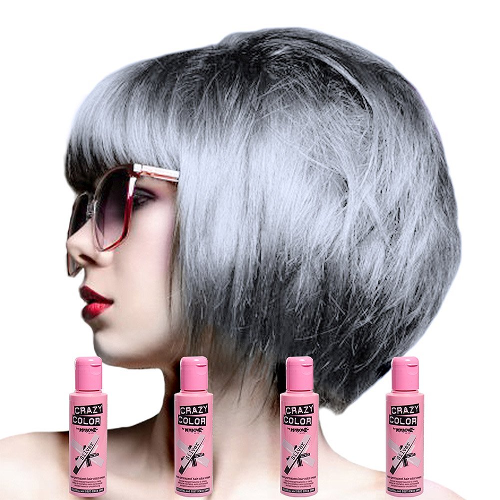 Crazy Color Semi-Permanent Hair Color Cream 4 Bottles of Silver 100 ml