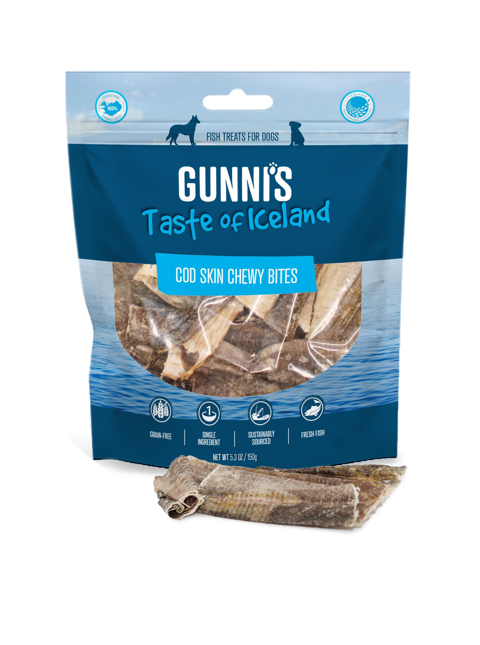 Gunniโs Cod Chewy Bites | Pure Icelandic Cod Skin chews for dogs | Traceable | MSC Certified | Sustainable | 100% Natural | Gently dried | 150g โ image 1