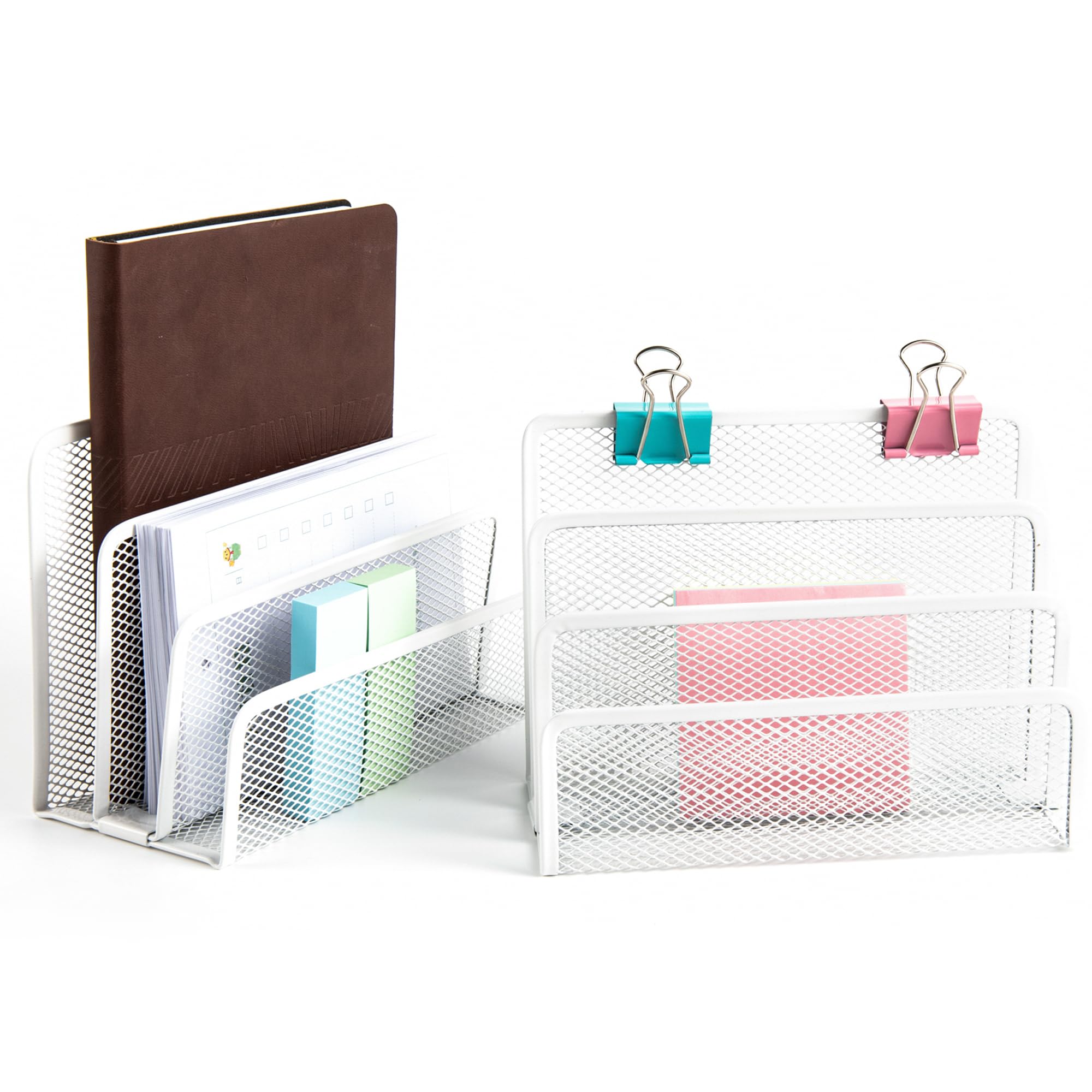 VANRA Small Letter Sorter Pack of 2 Desktop File Organizer Metal Mesh Paper Stacking Sorter Holder 3 Slots (2 White) — image 1
