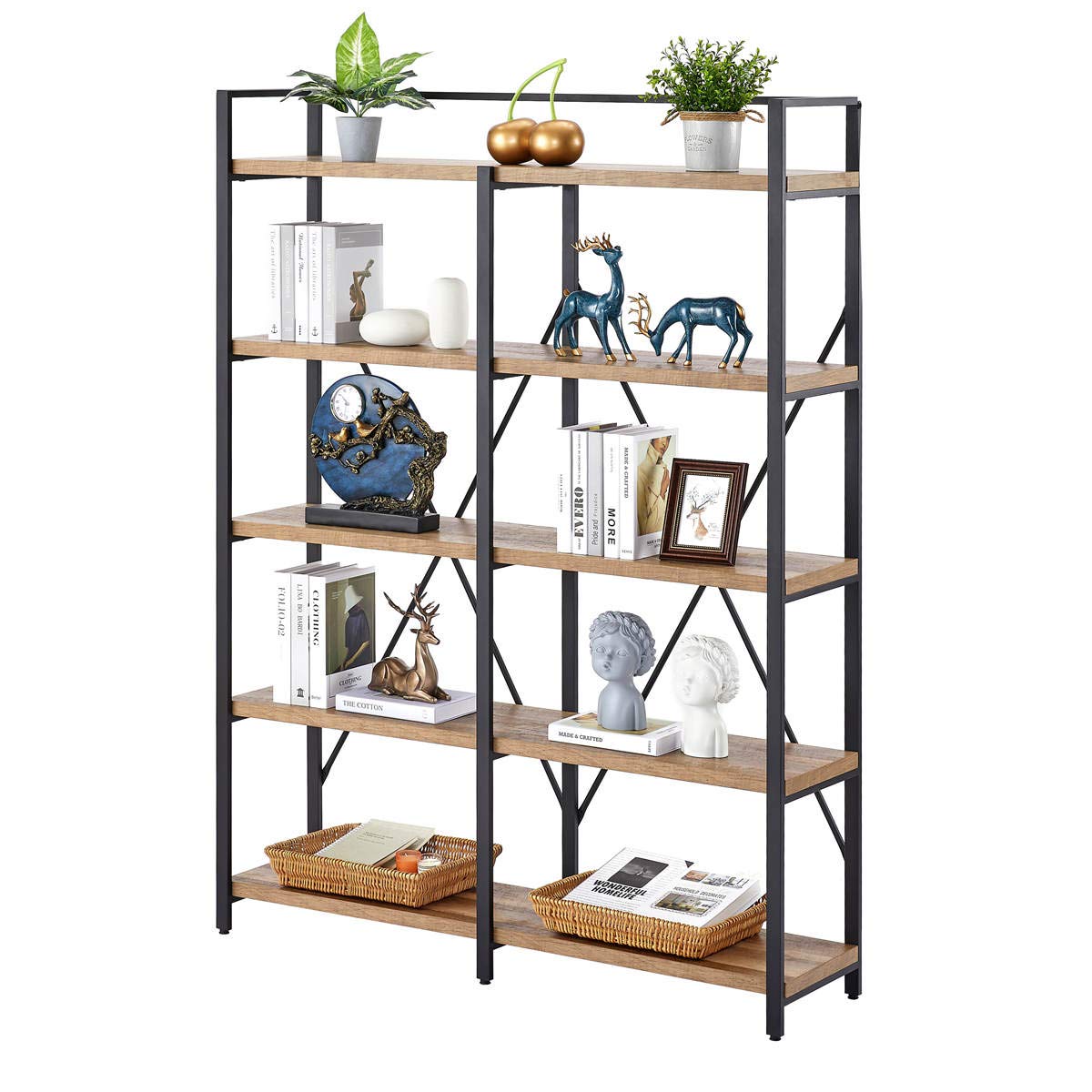 FATORRI Industrial Bookshelf 5 Tier, Rustic Wood Etagere Bookcase, Metal Tall Book Shelf with Open Shelving Unit (Rustic Oak, 51 Inch Wide)
