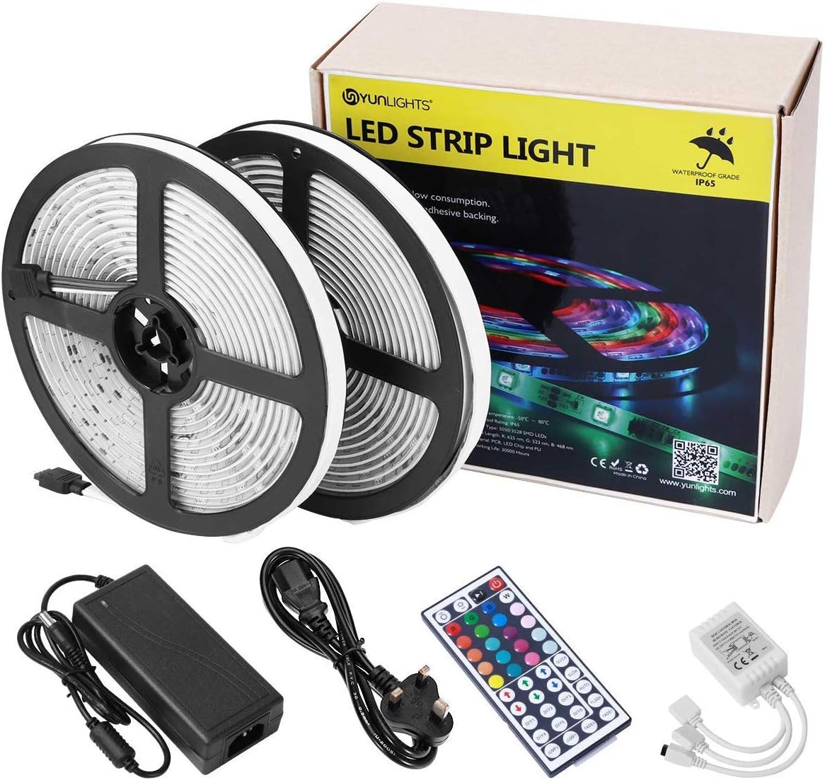LED Strip Lights, 32.8Ft 10M Dimmable LED Rope Lights IP65 Waterproof 5050 300LEDs RGB Color Changing String Lights Flexible with 44 Keys Remote & 12V Power Supply