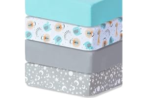 Bimocosy Baby Crib Sheets for Boys, Fitted Crib Sheet 4 Pack for Standard Crib and Toddler Mattresses, Super Soft Breathable Microfiber Baby Sheet 28x52x8in, Stars/Woodland Animals/Grey/Green