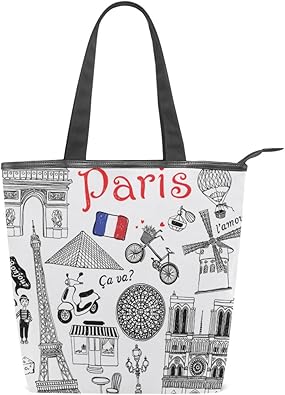 Amazon キャンバスバッグ トートバッグ ハンドバッグ 手提げ パリのイラスト 大容量 通勤通学 メンズ レディース トートバッグ