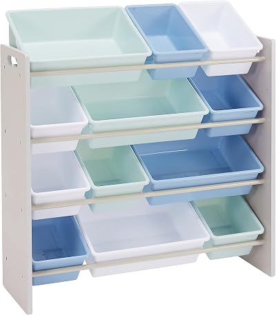 Amazon Basics Kids Toy Storage Organiser 12 Bins Grey Wood Blue Bins 85cm