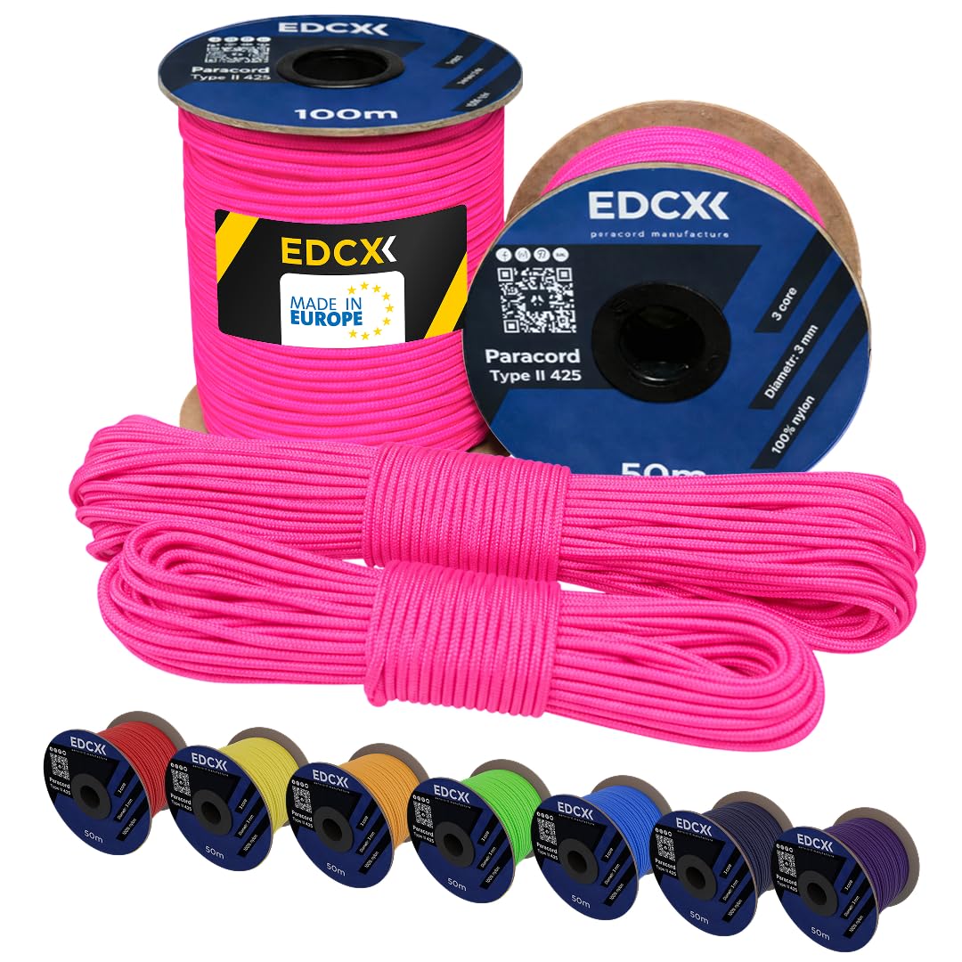 EdcX 3 mm Nylon Paracord 425 (15, 30, 50 and 100m) – 3 mm Type II, 100% Nylon Rope, 3 Strand Rope, 3 mm Nylon Rope in Many Colors (Sofit Pink, 30 m)