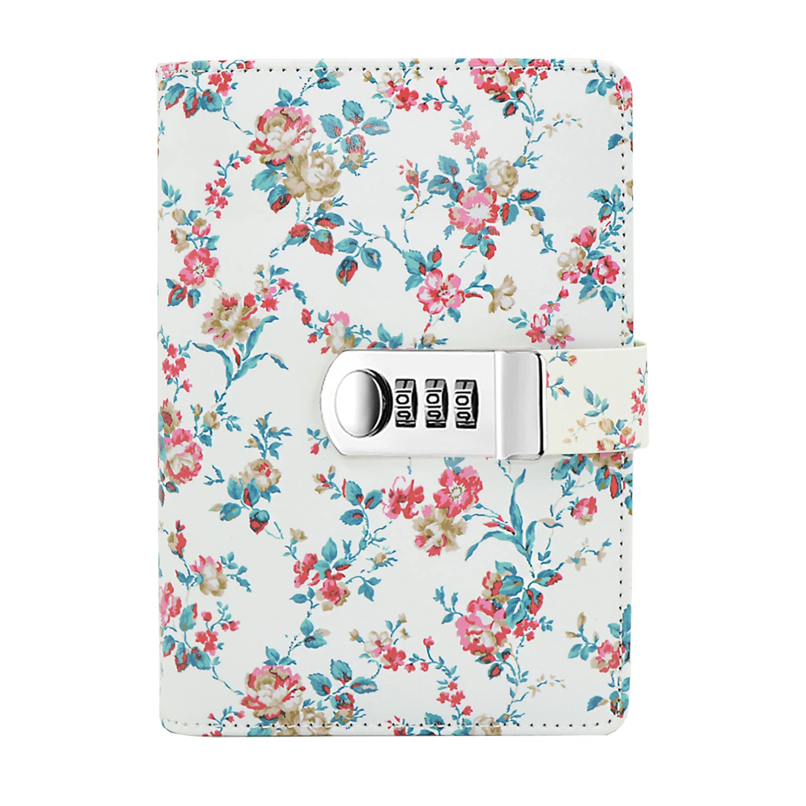 NectaRoy PU Leather Refillable Password Notebook Writing Journal Diary with Combination Lock, Flora Pattern Loose-Leaf Lined Daily Notepad Personal Sketchbook with Card Slots, Size 185x135mm