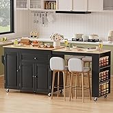 Rymeera Expandable Kitchen Island with Storage Drawer and Wheels, Black | Rubberwood top expands 48.4"-82.6". Spacious drawer, 2 cabinets, 2 shelves, spice rack &amp; towel bar. Lockable casters.