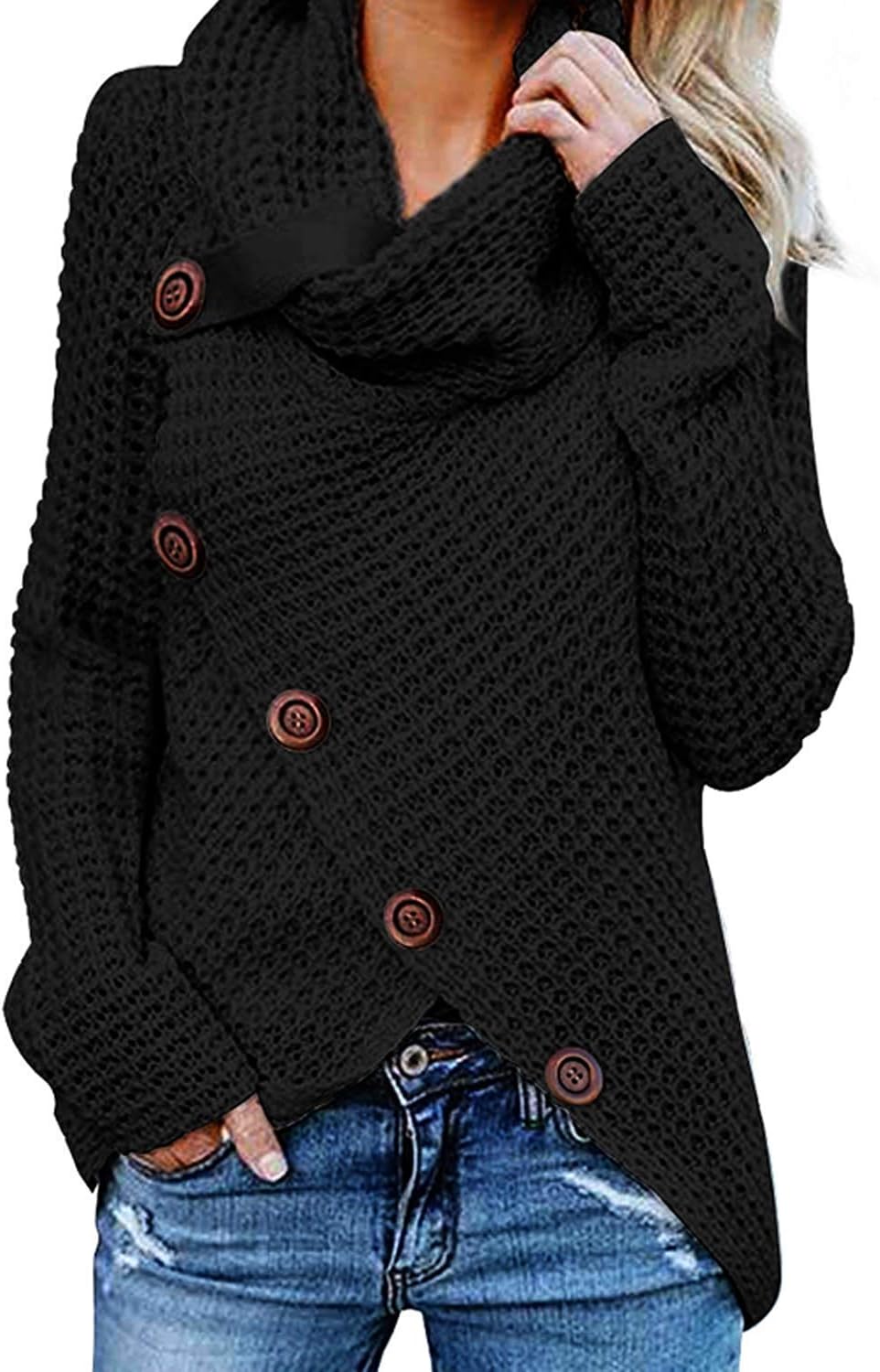 Women's Jumper Knitted Sweater Loose Turtleneck Solid Warm Asymmetrical Wrap Pullover Long Sleeve Tops