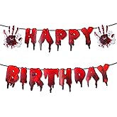 Firleayo Red Happy Birthday Banner Halloween Birthday Letter Banners Handprint Banners Decorations Horror Scary Theme Birthday Banner for Party Fireplace Wall Decor Supplies