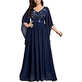 MISSMAY Women's Plus Size Deep V Neck Sequins Lace with Cape Cloak Sleeves Formal Evening Wedding Maxi Dress