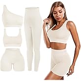 Floraltop 4 Pcs Women's Workout Sets Pilates Exercise Outfit Ribbed Scoop Neck Sports Bra Shorts Leggings Gym Clothes Set