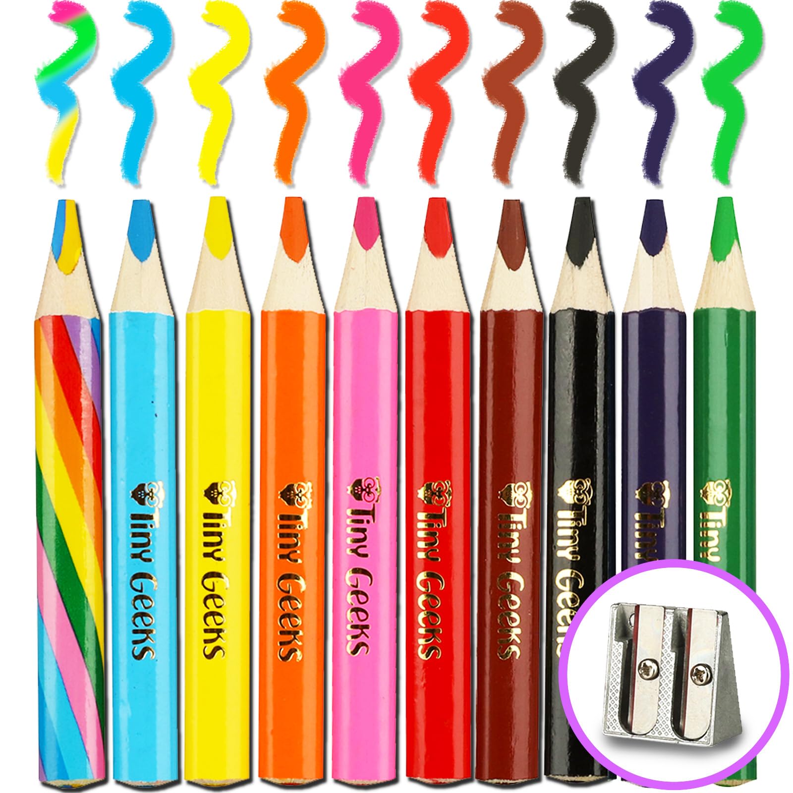 TinyGeeks Jumbo Pencils - New Version - 10 Triangle Short Colors - for Kids - with Rainbow Pencil - Sharpener - Perfect for Preschool, Toddlers and Beginners - Recommended by Teachers & Experts