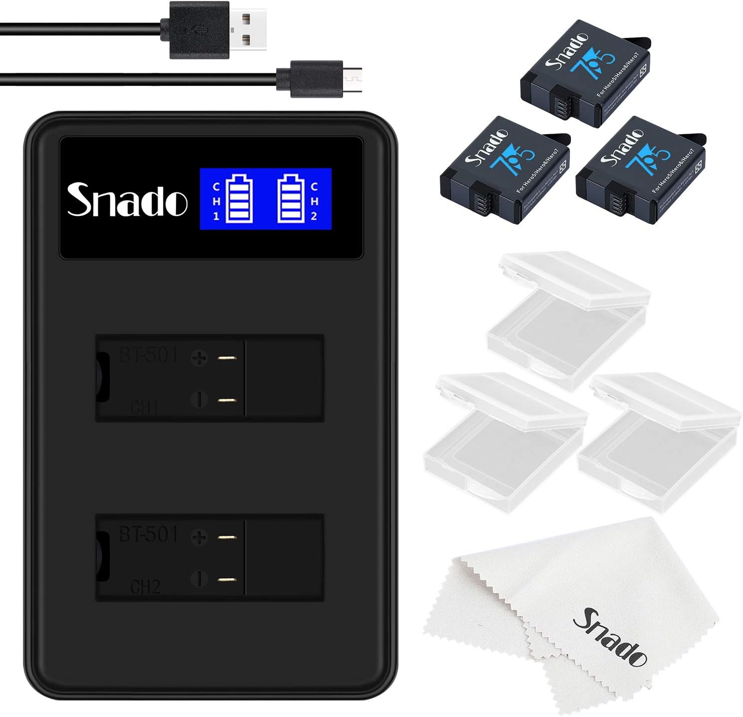 Snado 3 Rechargeable Battery 1220mAh and Dual LCD Battery Charger for GoPro Hero 5/6/7 Black, GoPro Hero 2018, GoPro Ahdbt-501 AABAT-001, GoPro 601-10197-000-3*Batteries + 1*Chager