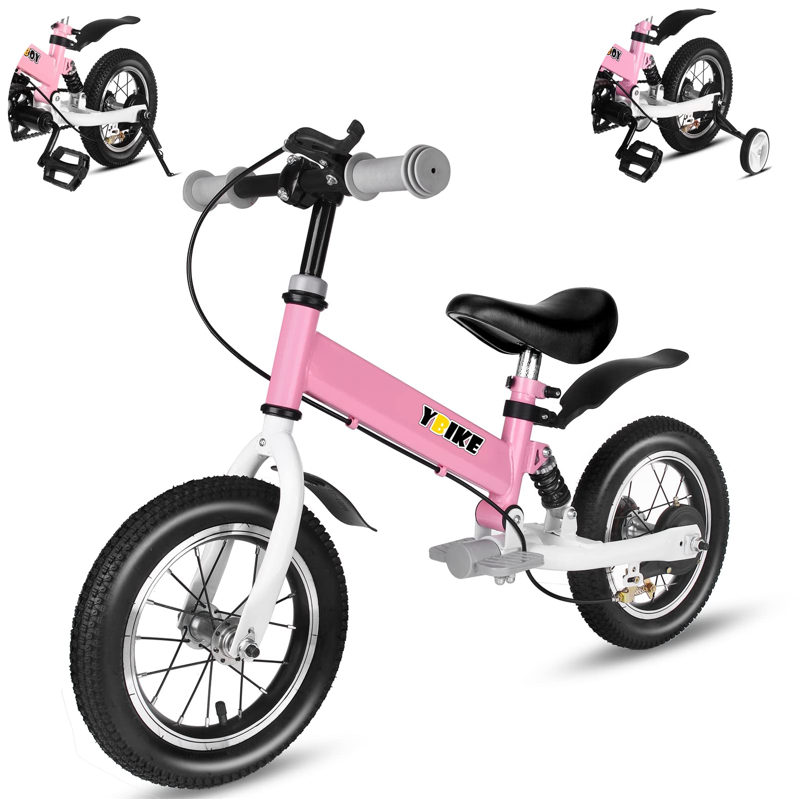 YBIKE 2 in 1 Balance Bike, 12 14 Inch Kids Bike, Suitable for 2-7 Years Old, Kids' Balance Bike with Pedal, Shock Absorber, Fenders, Brakes, 4 Colors Training Bike
