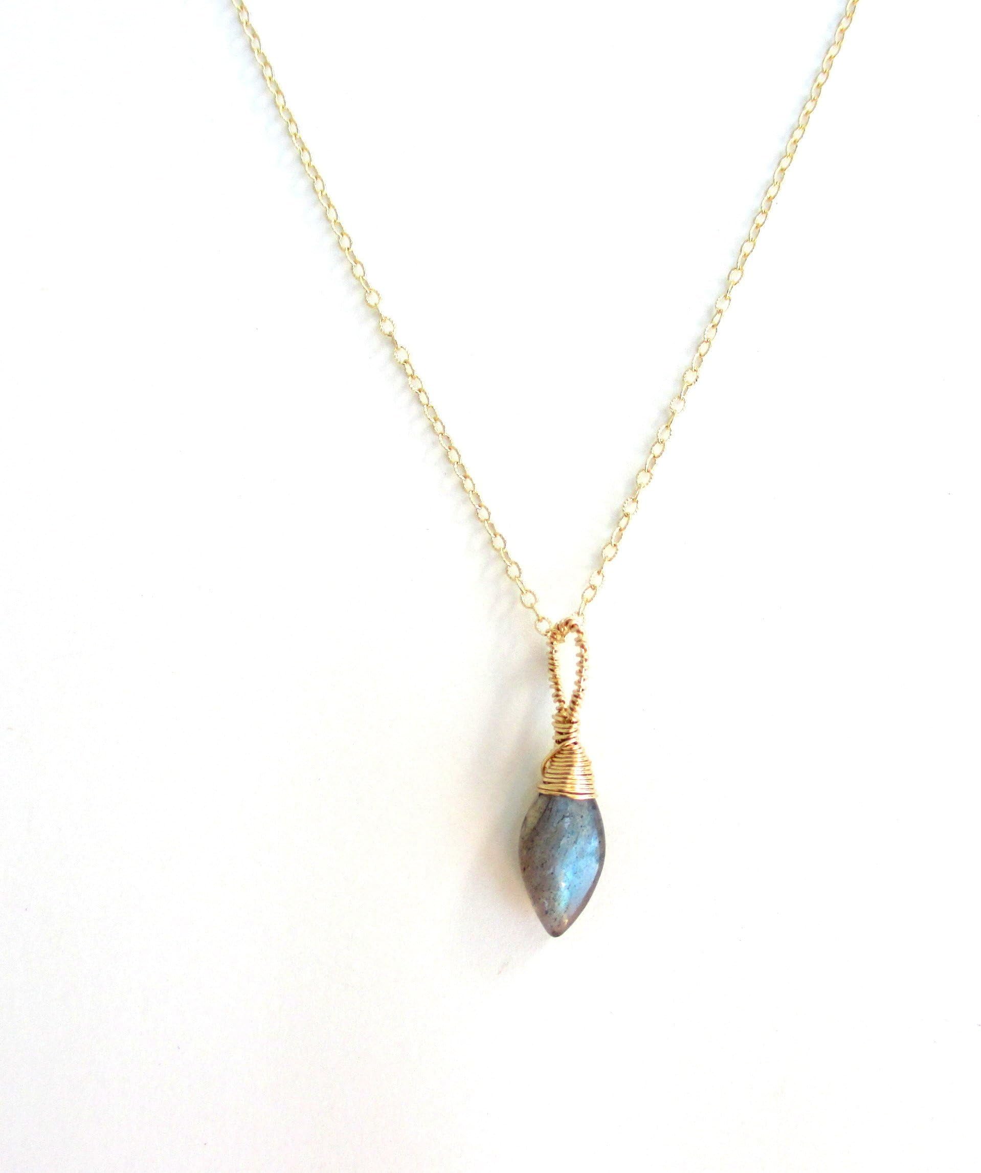 Zellie Jewelry Labradorite Necklace with Dew Drop Pendant, Gold Filled