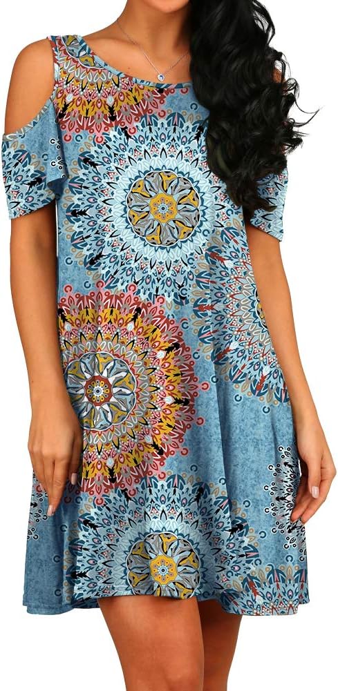 PCEAIIHWomen's Summer Cold Shoulder Tunic Top Swing Dresses Loose T-Shirt Casual Dress with Pockets