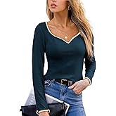 CUPSHE Women's Sweetheart Neckline Top Color Block Long Sleeve T Shirts Ribbed Knit Tee Tops