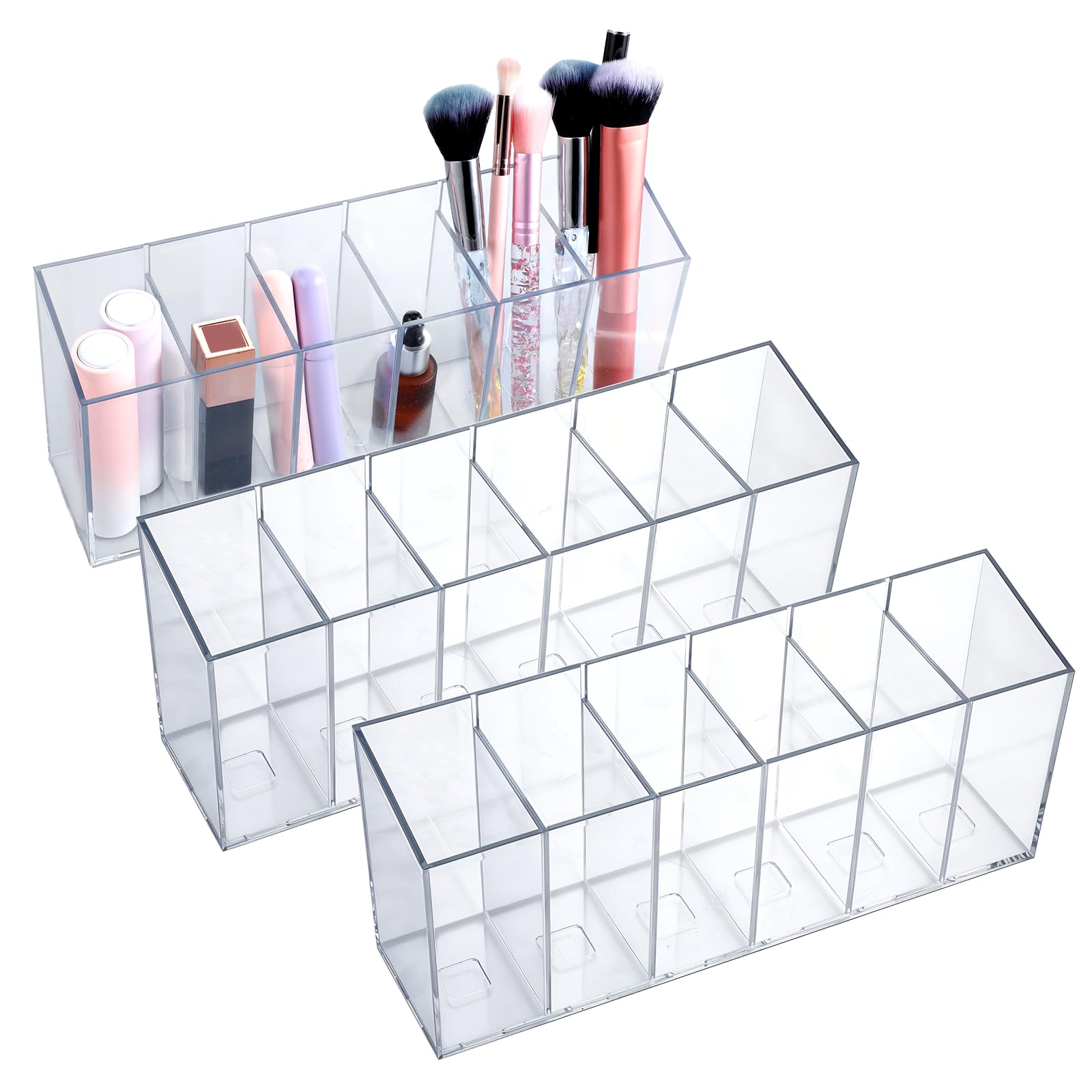 Photo 1 of 3 Pcs Clear Pen Holder Tea Bag Makeup Brush Holder, 6 Compartments Organizer with Removable Dividers for Desk Storage Office Accessory Bathroom Kitchen Desktop Pencil Cup Stationery Organization