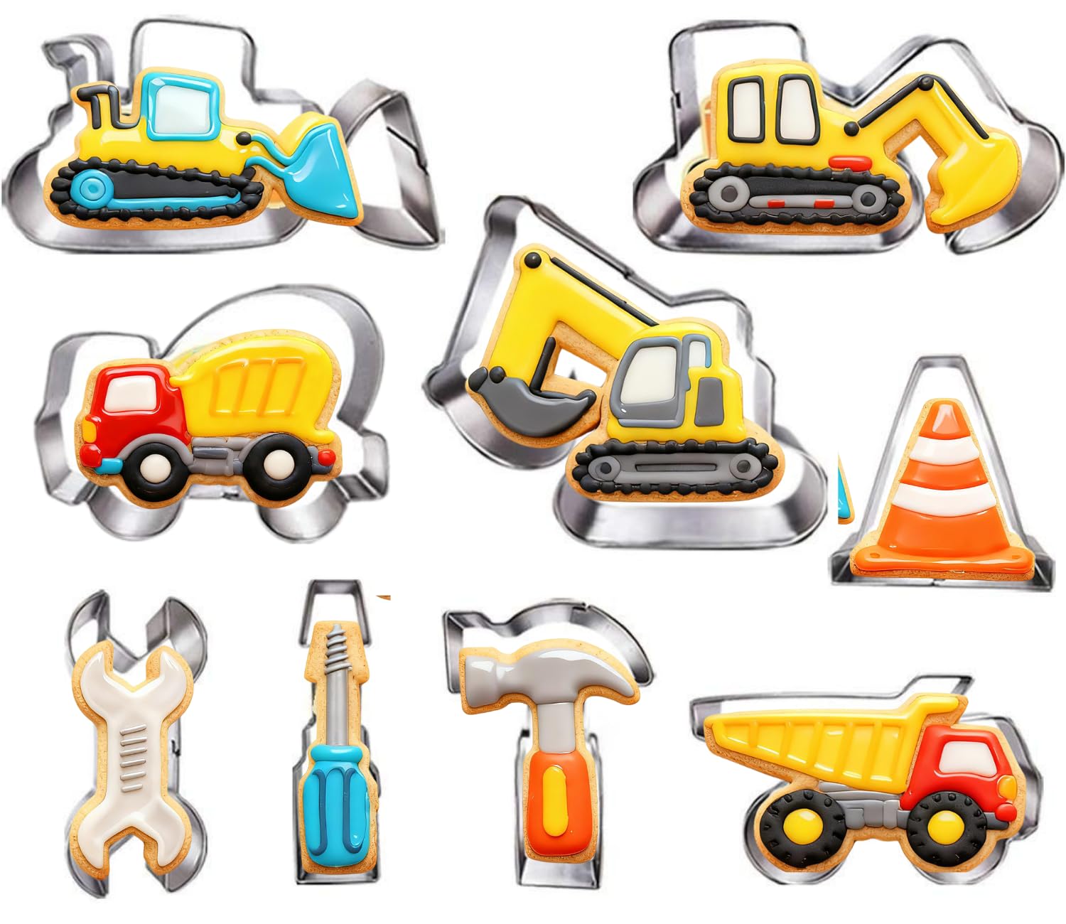 UKoosien Construction Cookie Cutter Set-9 Piece- Excavator Digger Bulldozer Dump Truck Hammer Wrench Construction Tools Cutters Molds for Kids Construction Digger Themed Party