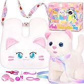 NINAOR Interactive Cat Toys for Kids with Crossbody Bags, Stuffed Cat Plush with Leash Walking Meow Pretend Play Kitty Robot Pet Toy, Electronic Realistic Cute Stuff for Girls Plushies Toddler Toys