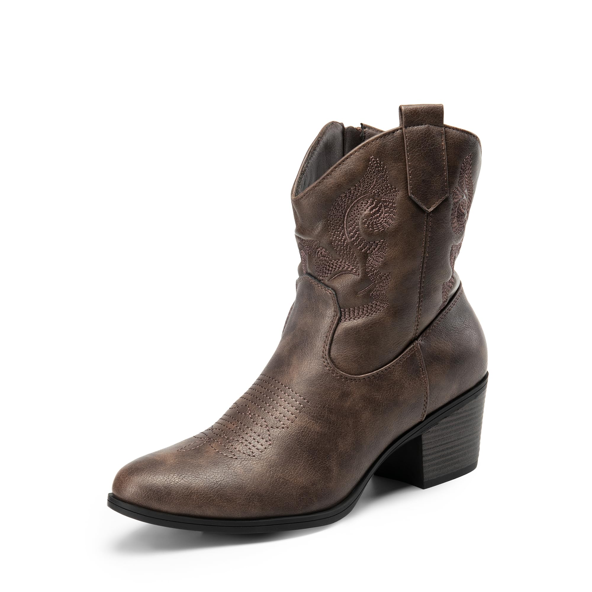 DREAM PAIRS Women's Western Cowboy Cowgirl Embroidered Ankle Boots Fashion Low chunky Heel Round Toe Fall Short Booties Shoes,Size 6.5,Brown,SDAB2432W Image
