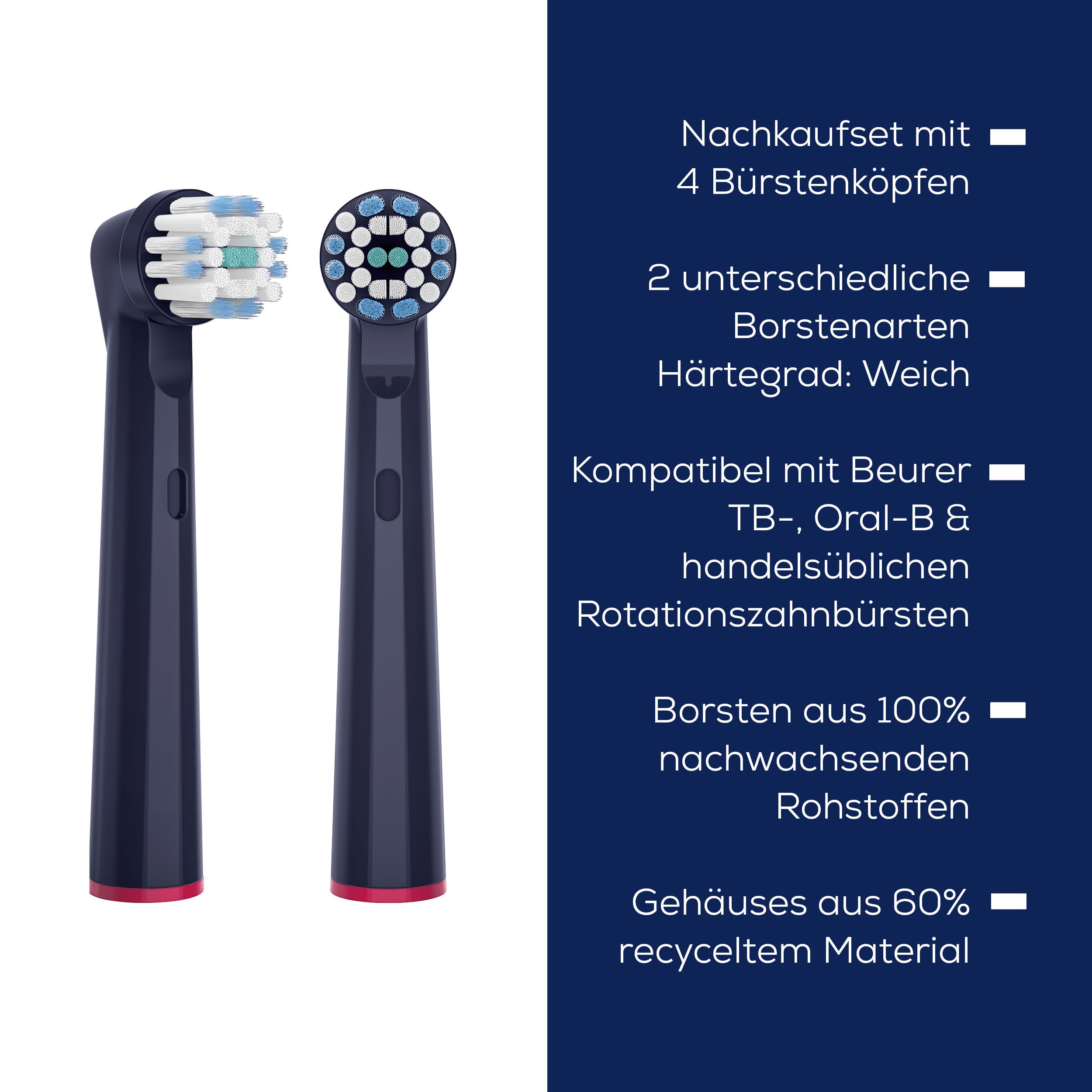Beurer TB Sensitive Eco Aufsteckbürsten für elektrische Zahnbürste, 4 Bürstenköpfe kompatibel mit Oral-B, Borsten aus 100% nachwachsenden Rohstoffen, effektive Zahnreinigung, Härtegrad Weich 7