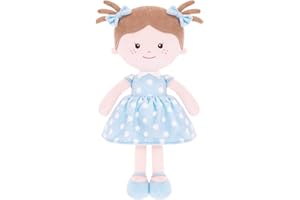Onetoo Soft Baby Doll for Girls First Baby Doll Sleeping Cuddle Buddy Doll Plush Rag Doll Wear Blue Polka Dot Dress14