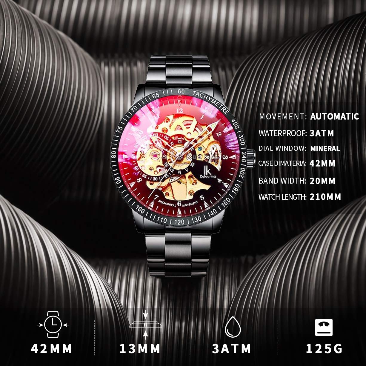 IK Men's Watch Skeleton Automatic Mechanical Wristwatch, Silver Golden Dial Tachymeter Black Stainless Steel Casual Steampunk Watch