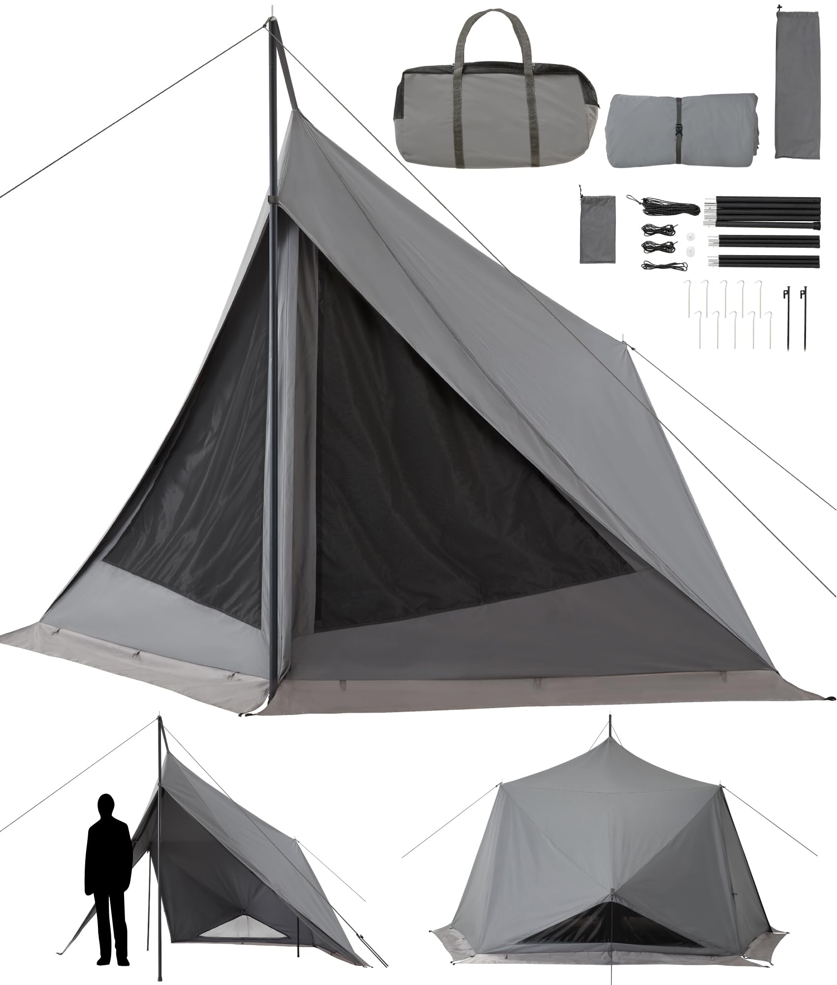 TOKYO CRAFTS ダイヤフォートTC 1人用 高さ215cm 設営簡単 前室付き ワンポール 撥水 コンパクト 軍幕 ソロテント ツーリング インナーテント 3色 グレー/サンド/カーキ (01.グレー（テント本体）)商品画像