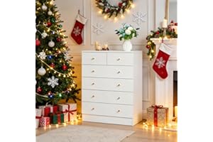 Karl home White 6 Drawer Dresser for Bedroom, Tall Dresser Chest of Drawers, Rustic Wood Bedroom Dressers Clothes Organizer, Anti-Tipping Device, Rose Gold Metal Handle, Living Room, Entryway, Office