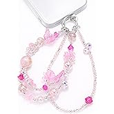 TRBR Lavender Pink Butterfly Double Chains Phone Charm Wrist Strap, Beaded Lanyard Wristlet, Elegant Hands-Free Bracelet Strap for iPhone & More Cell Phone Cases