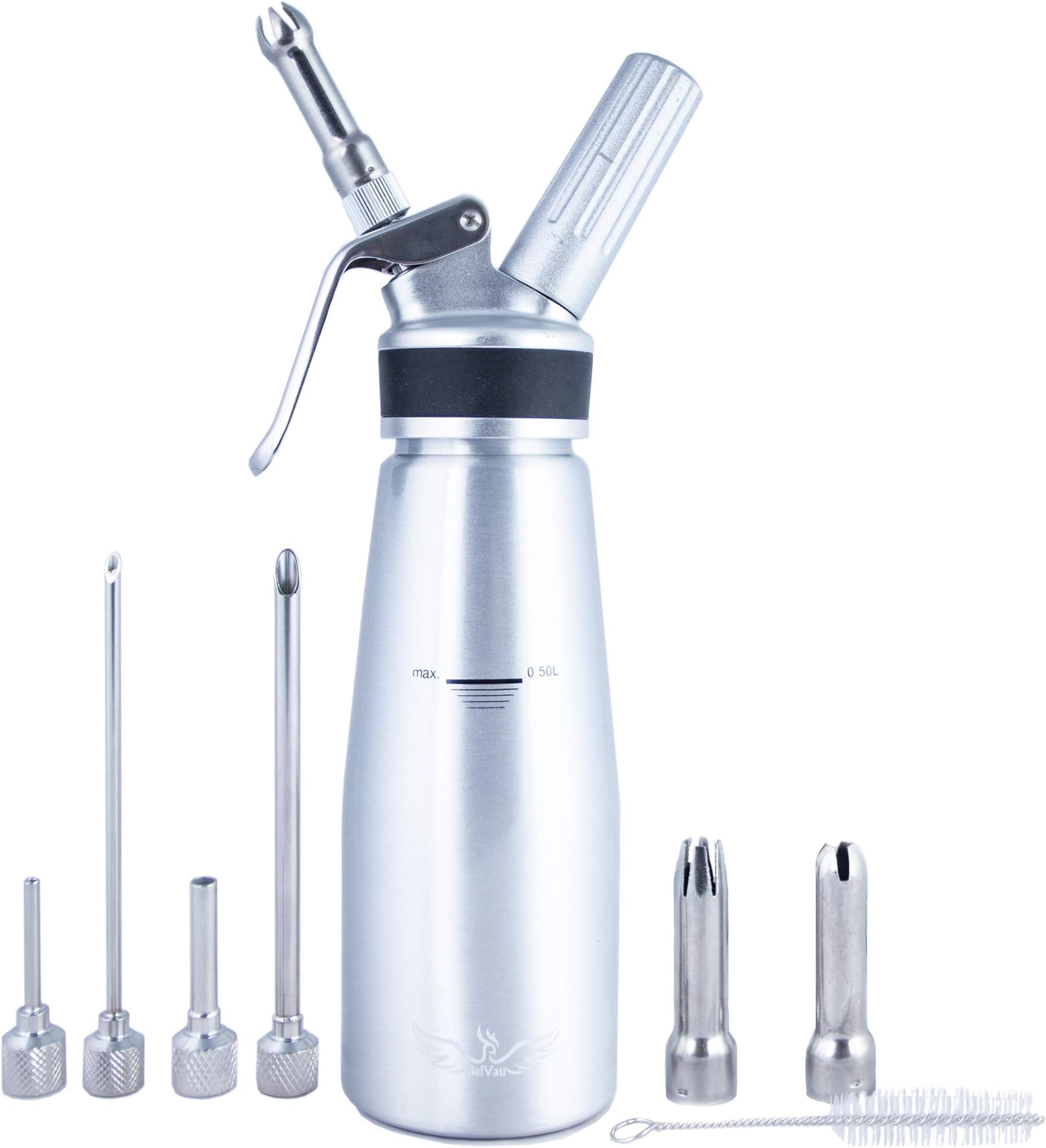 Cream Whipper Dispenser 500ml,4 Stainless steel Injector Tips & 3 Decorating Nozzles, BalVau Professional Siphon, N20 Gas Cannisters Not Included