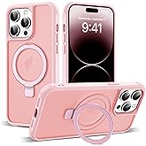 SKYLMW Compatible with iPhone 14 Pro Max Case with Invisible Magnetic O-Ring Stand Military-Grade Translucent Case for iPhone 14 ProMax 6.7" [Compatible with Mag-Safe][Great Grip Feeling], Pink