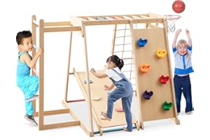 Costzon Indoor Playground, 6-in-1 Kids Montessori Jungle Gym with Baby Slide, Rock Climbing Wall, Basketball Hoop, Monkey Bar