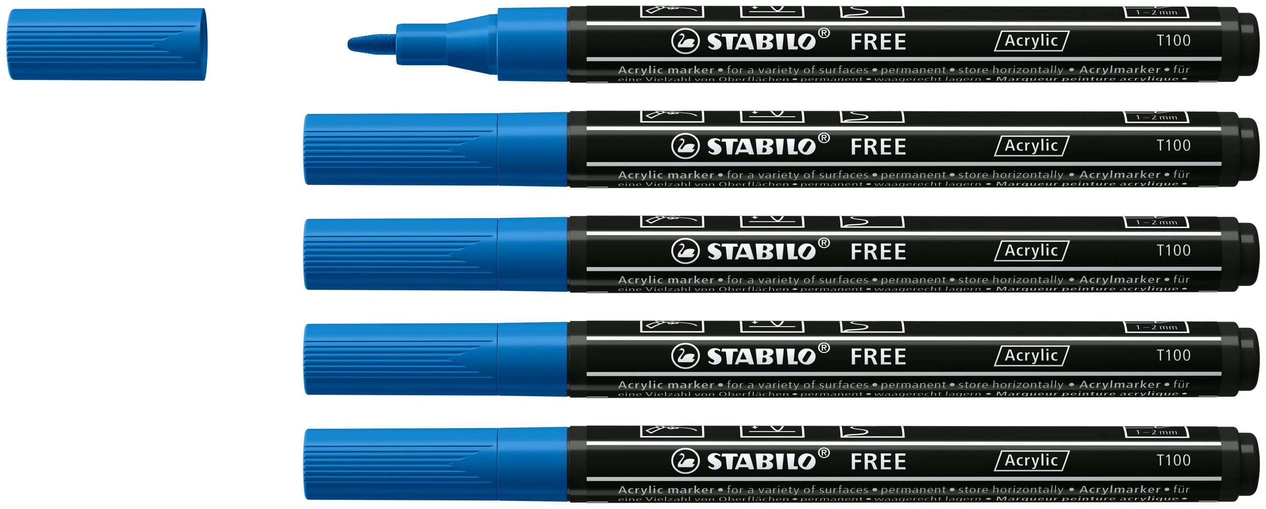 STABILO Acrylic Marker FREE Acrylic - T100 1-2 mm Bullet Tip - Box of 5 - Dark Blue