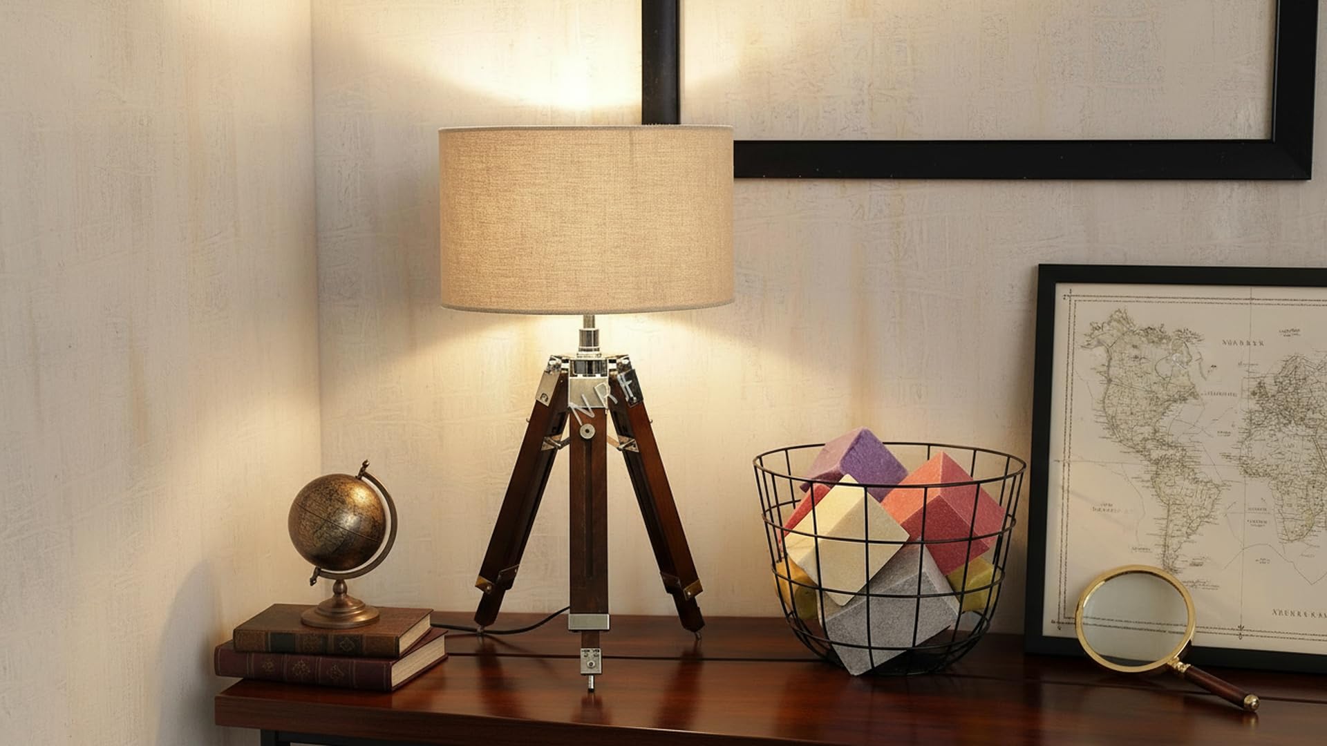 Modern Tripod Table Lamp with Wooden Legs & Fabric Shade – Decorative Bedside Desk Light – Contemporary Home & Office Lighting for Living Room, Bedroom, Study & Hotel Décor (Warm Ambient Light)