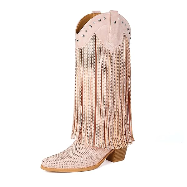 AIJIVOU WOMEN’S RHINESTONE FRINGE COWGIRL BOOTS, SPARKLY WESTERN COWBOY BOOTS POINTED TOE KNEE BLOCK CHUNKY MIDDLE HEEL PULL ON MID CALF BOOTS FOR WOMEN GIRL PARTY (PINK, 9 M US)
